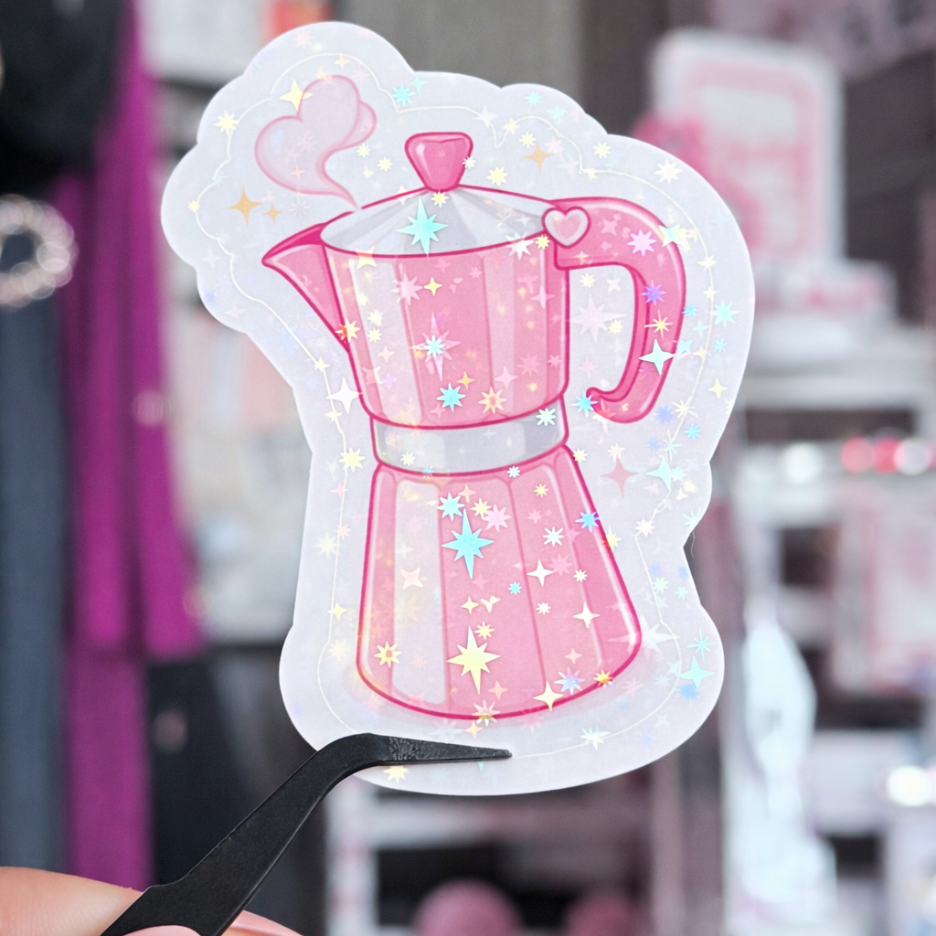 Pink Coffee Pot Holographic Vinyl Sticker