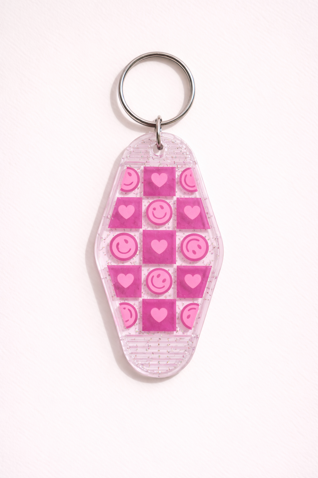 Pink Smiley Glitter Motel Keychain